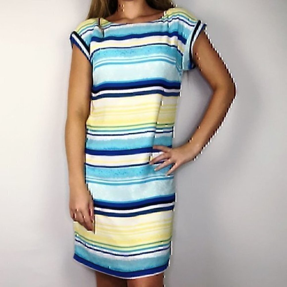 TOMMY HILFIGER Blue Yellow White Stripe Work Office Party Shift Dress Small S
